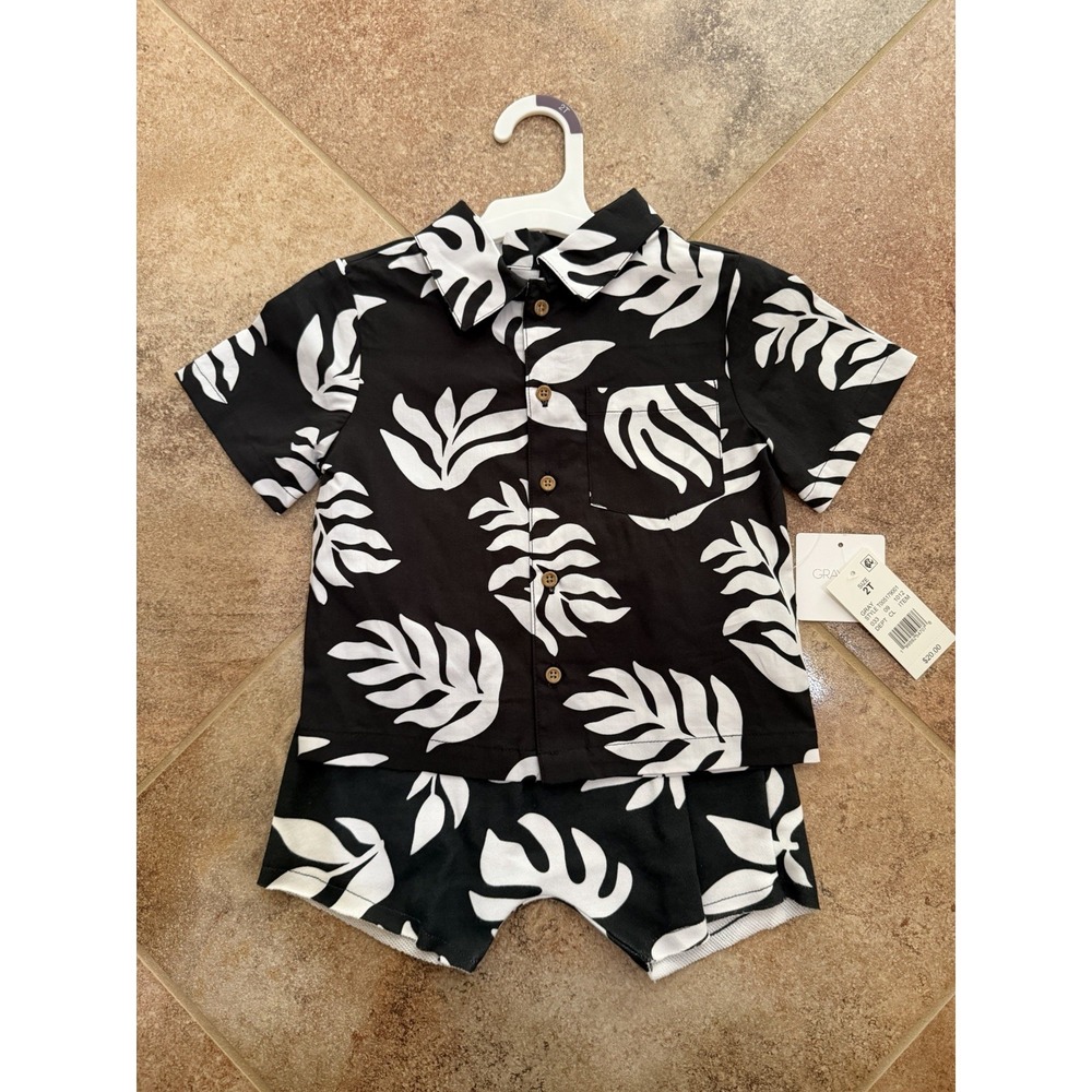 Toddler Boys' Grayson Mini Black & White Palm Print Button-Down Shirt/Shorts 2T